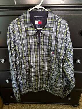 Vtg Tommy Hilfiger Plaid Windbreaker Jacket Coat Men Sz L Golf Blue Flag Logo